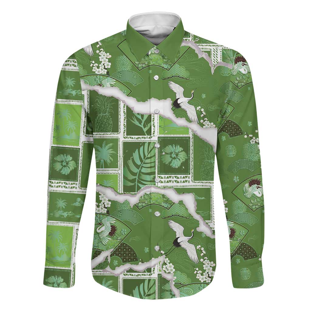 Hawaii Japanese Culture Sage Green Family Matching Short Sleeve Bodycon Dress and Hawaiian Shirt Spring Cranes Aloha Pattern LT01 Dad's Shirt - Long Sleeve Sage - Polynesian Pride