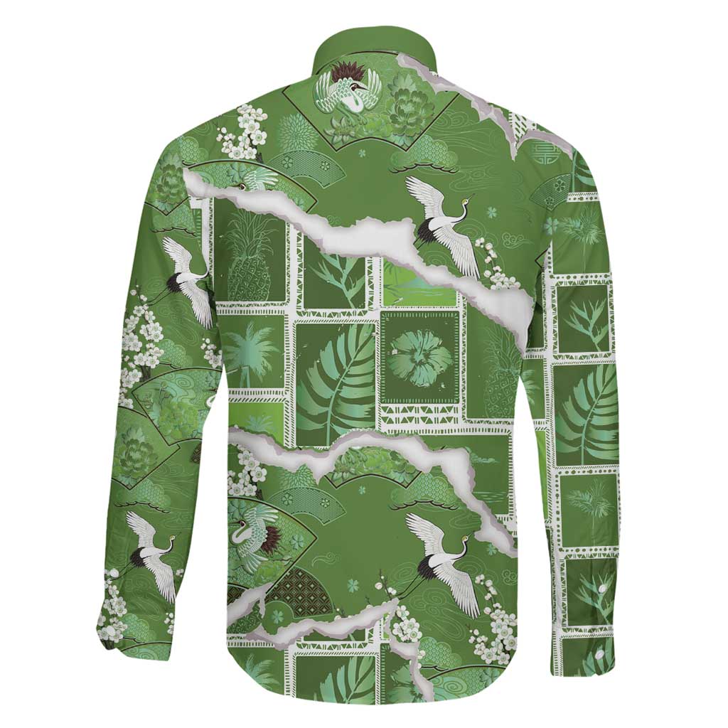 Hawaii Japanese Culture Sage Green Family Matching Short Sleeve Bodycon Dress and Hawaiian Shirt Spring Cranes Aloha Pattern LT01 - Polynesian Pride