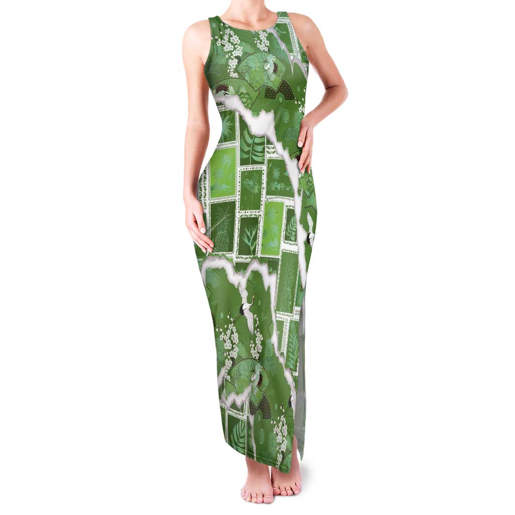 Hawaii Japanese Culture Sage Green Family Matching Tank Maxi Dress and Hawaiian Shirt Spring Cranes Aloha Pattern LT01 Mom's Dress Sage - Polynesian Pride