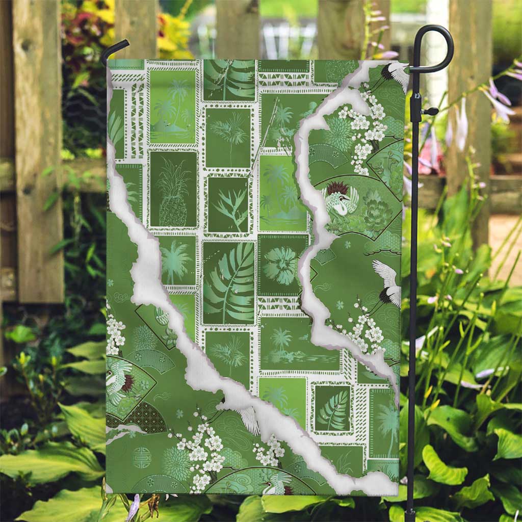 Hawaii Japanese Culture Sage Green Garden Flag Spring Cranes Aloha Pattern