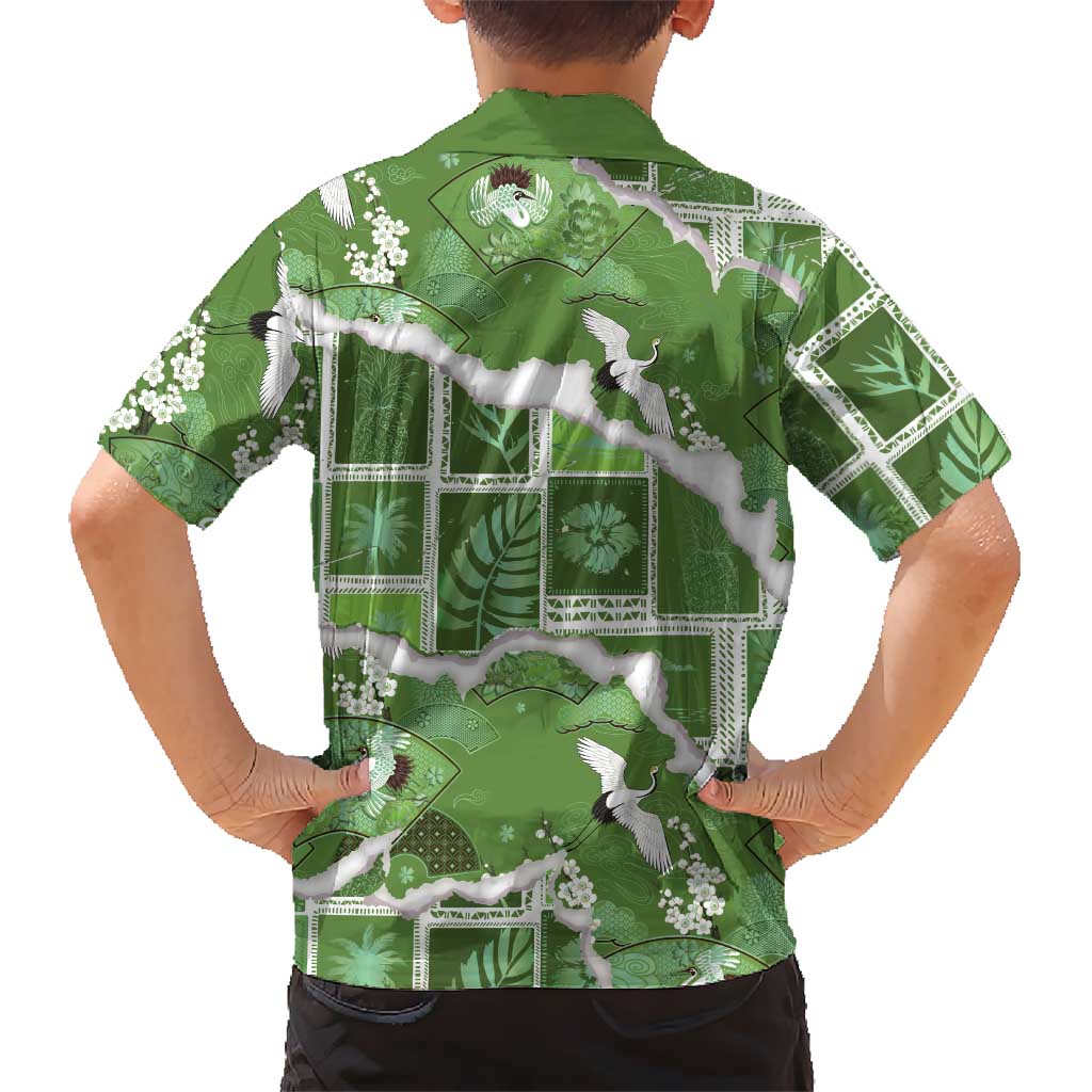Hawaii Japanese Culture Sage Green Kid Hawaiian Shirt Spring Cranes Aloha Pattern