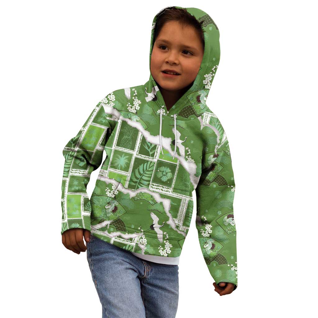 Hawaii Japanese Culture Sage Green Kid Hoodie Spring Cranes Aloha Pattern
