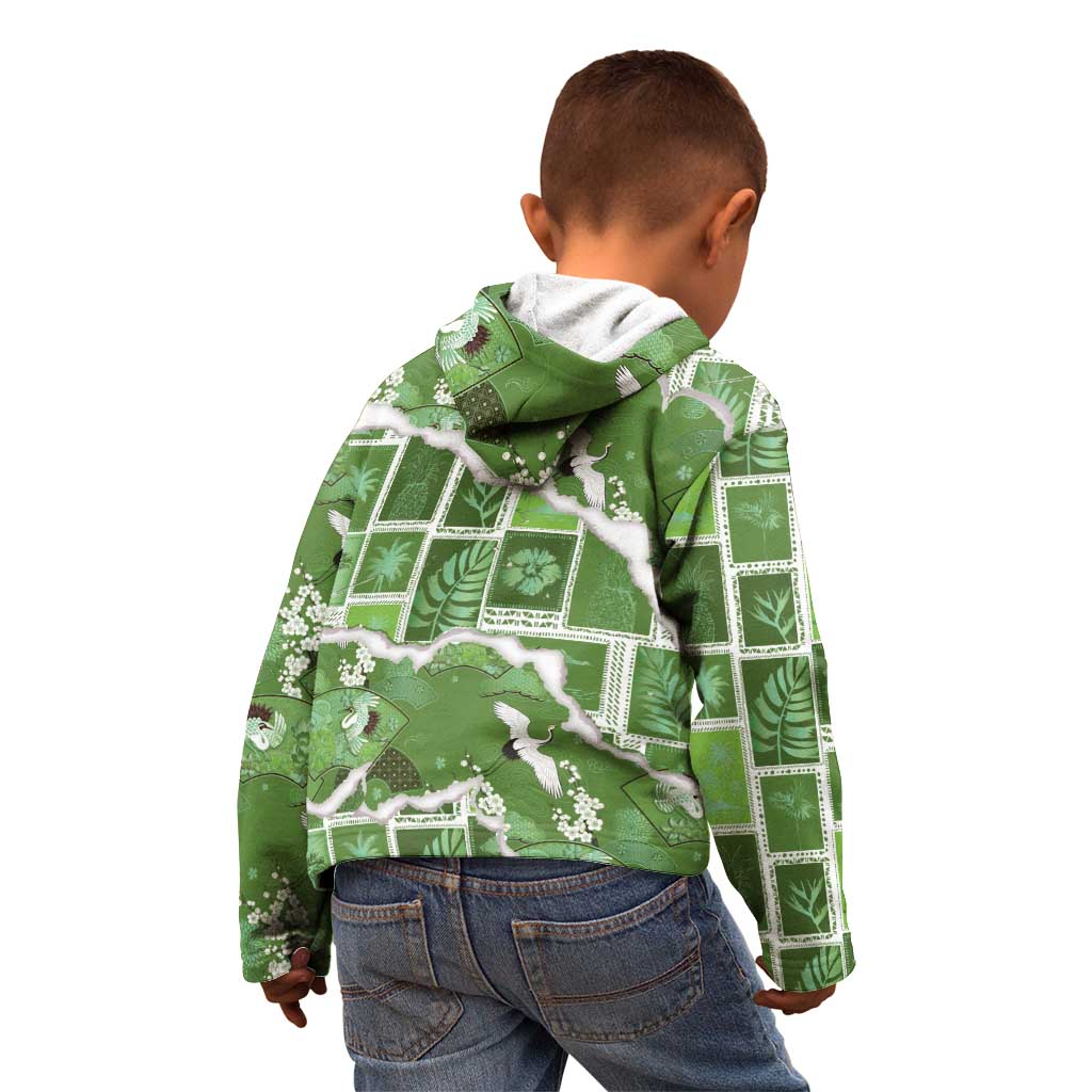 Hawaii Japanese Culture Sage Green Kid Hoodie Spring Cranes Aloha Pattern