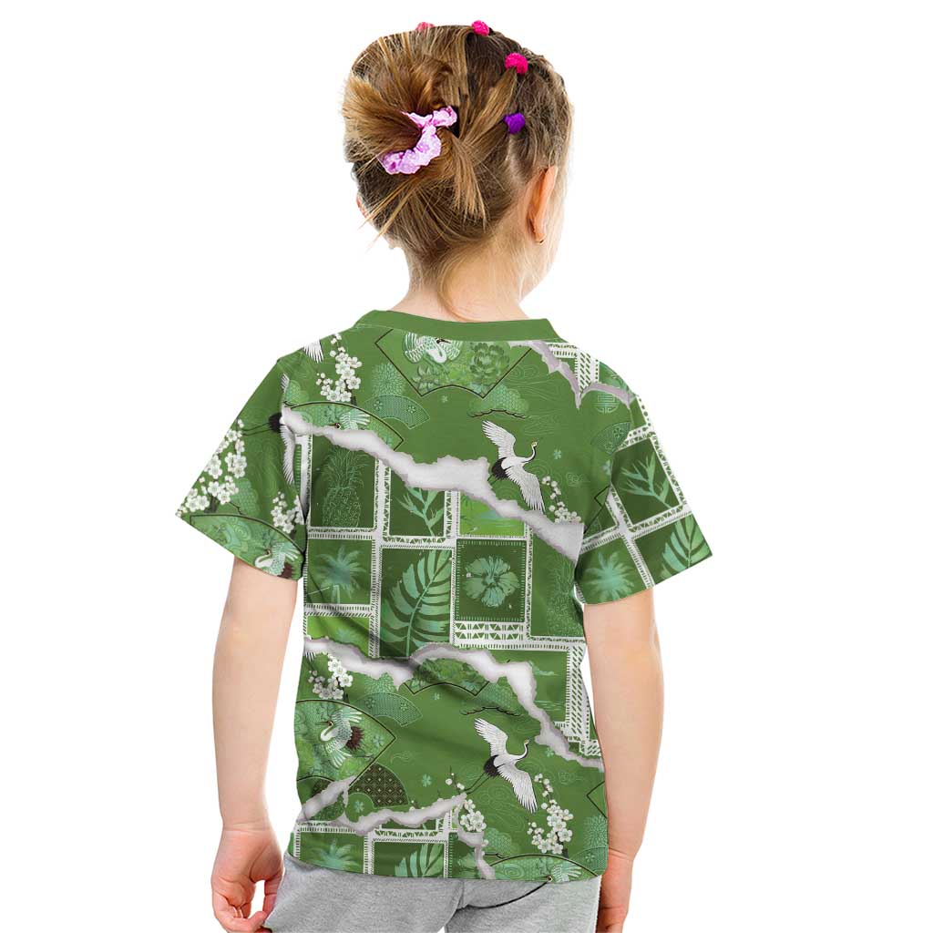 Hawaii Japanese Culture Sage Green Kid T Shirt Spring Cranes Aloha Pattern