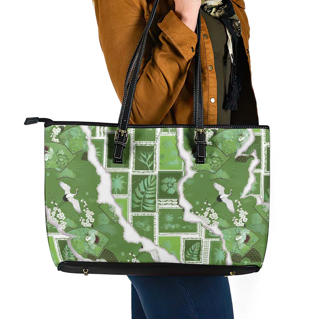 Hawaii Japanese Culture Sage Green Leather Tote Bag Spring Cranes Aloha Pattern