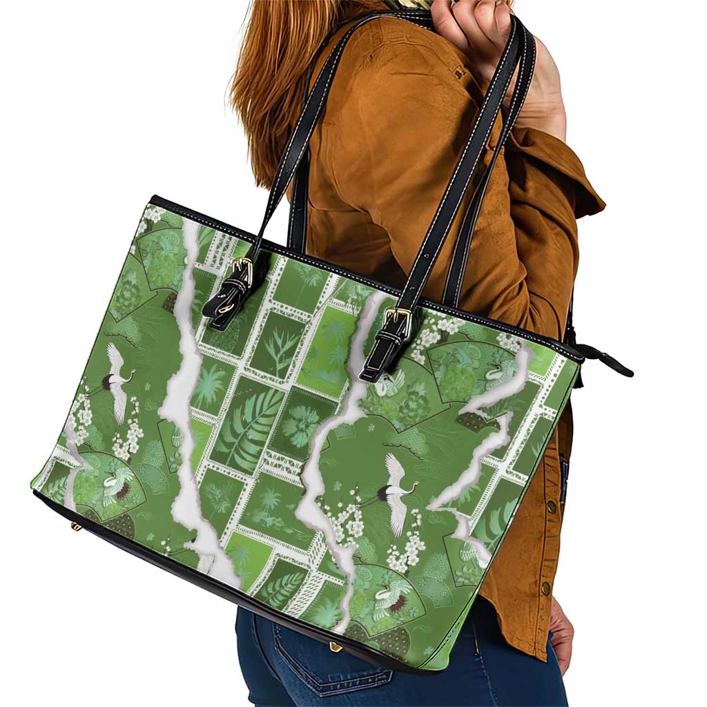 Hawaii Japanese Culture Sage Green Leather Tote Bag Spring Cranes Aloha Pattern