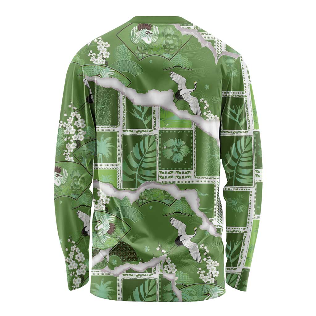Hawaii Japanese Culture Sage Green Long Sleeve Shirt Spring Cranes Aloha Pattern