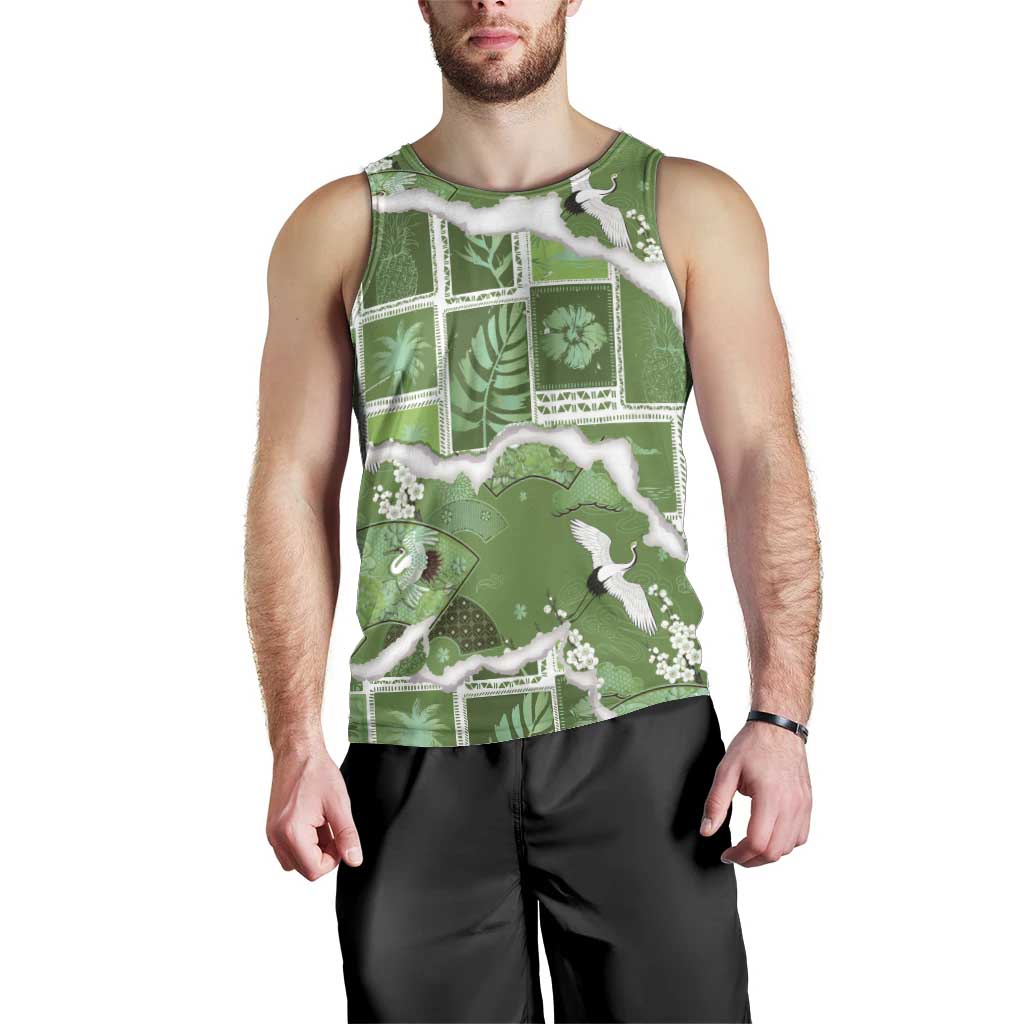 Hawaii Japanese Culture Sage Green Men Tank Top Spring Cranes Aloha Pattern