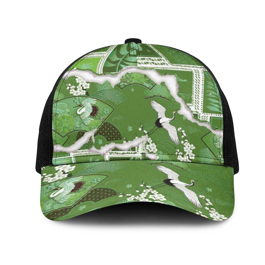 Hawaii Japanese Culture Sage Green Mesh Trucker Cap Spring Cranes Aloha Pattern