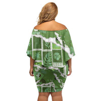 Hawaii Japanese Culture Sage Green Off Shoulder Short Dress Spring Cranes Aloha Pattern