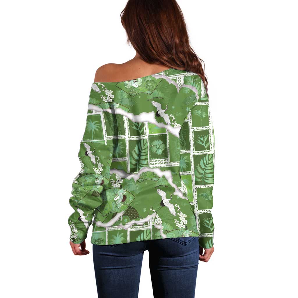Hawaii Japanese Culture Sage Green Off Shoulder Sweater Spring Cranes Aloha Pattern