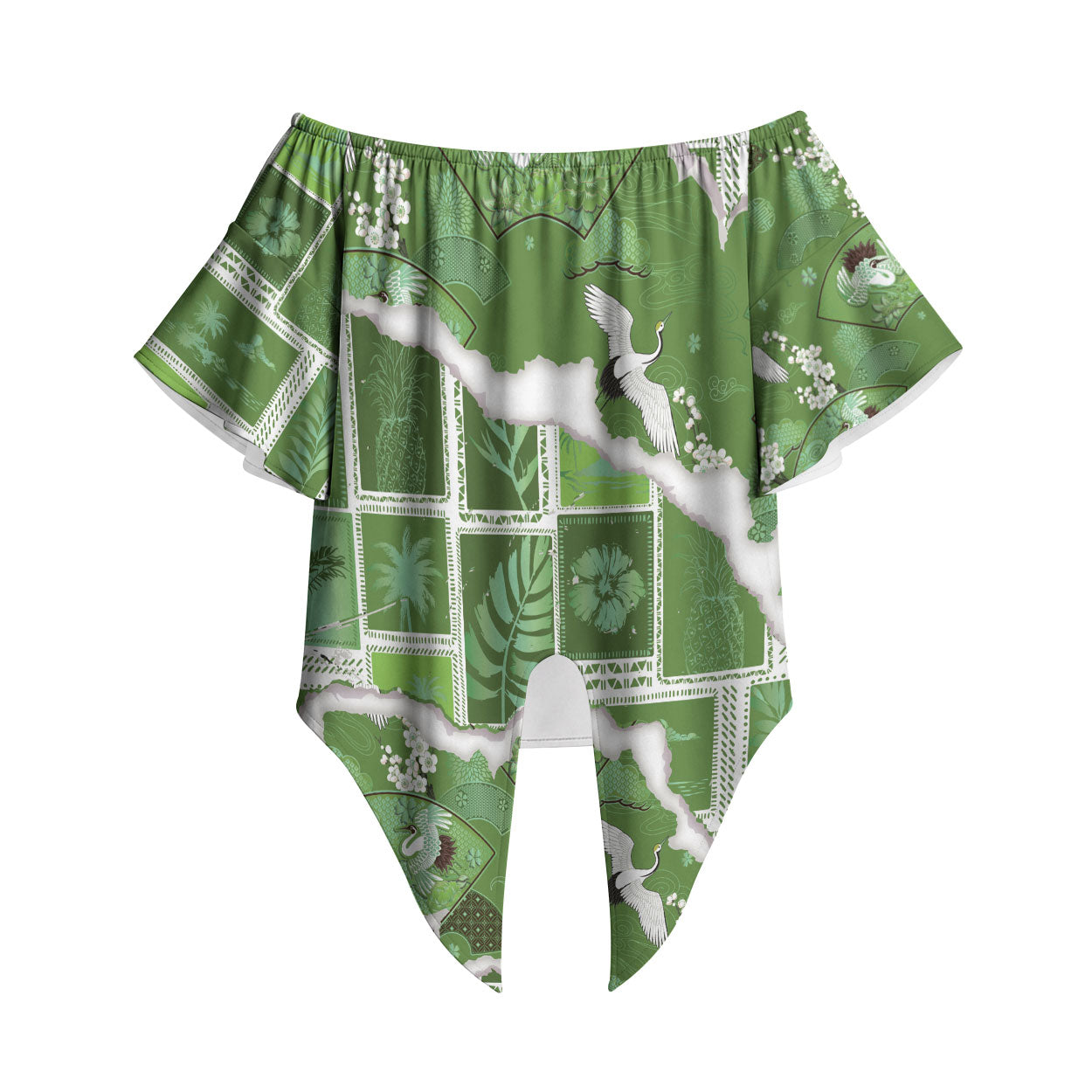 Hawaii Japanese Culture Sage Green Off Shoulder Wrap Waist Top Spring Cranes Aloha Pattern LT01 Sage - Polynesian Pride