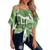 Hawaii Japanese Culture Sage Green Off Shoulder Wrap Waist Top Spring Cranes Aloha Pattern LT01 - Polynesian Pride