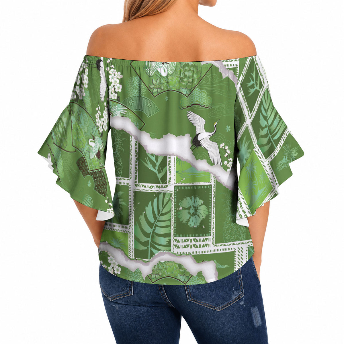 Hawaii Japanese Culture Sage Green Off Shoulder Wrap Waist Top Spring Cranes Aloha Pattern LT01 - Polynesian Pride
