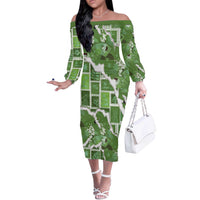 Hawaii Japanese Culture Sage Green Off The Shoulder Long Sleeve Dress Spring Cranes Aloha Pattern LT01 Women Sage - Polynesian Pride