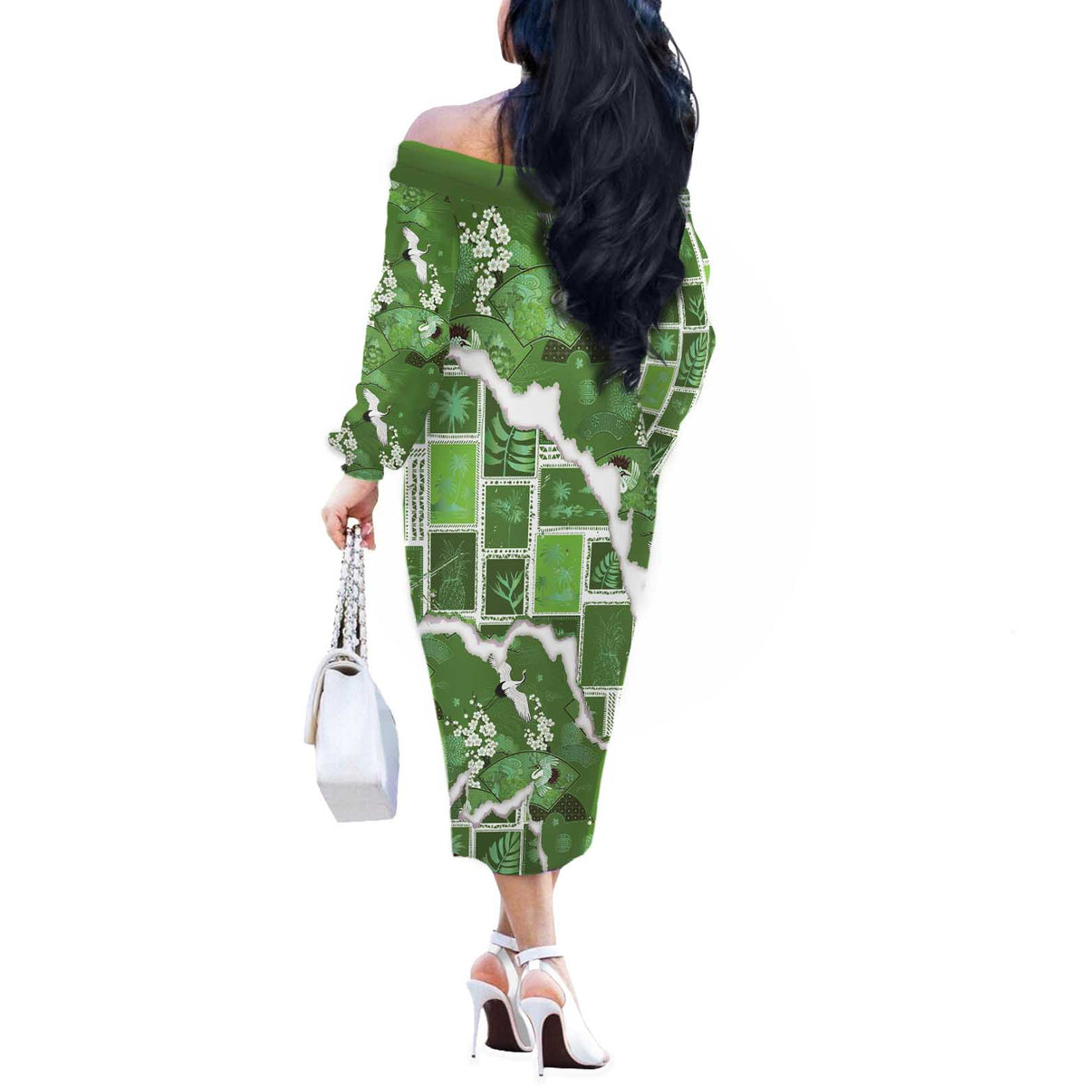 Hawaii Japanese Culture Sage Green Off The Shoulder Long Sleeve Dress Spring Cranes Aloha Pattern LT01 - Polynesian Pride