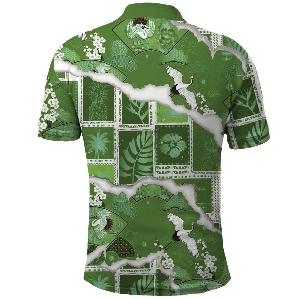 Hawaii Japanese Culture Sage Green Polo Shirt Spring Cranes Aloha Pattern