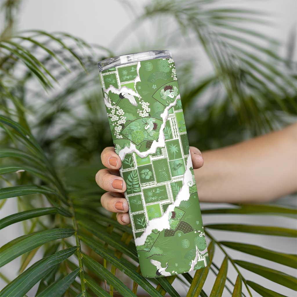 Hawaii Japanese Culture Sage Green Skinny Tumbler Spring Cranes Aloha Pattern