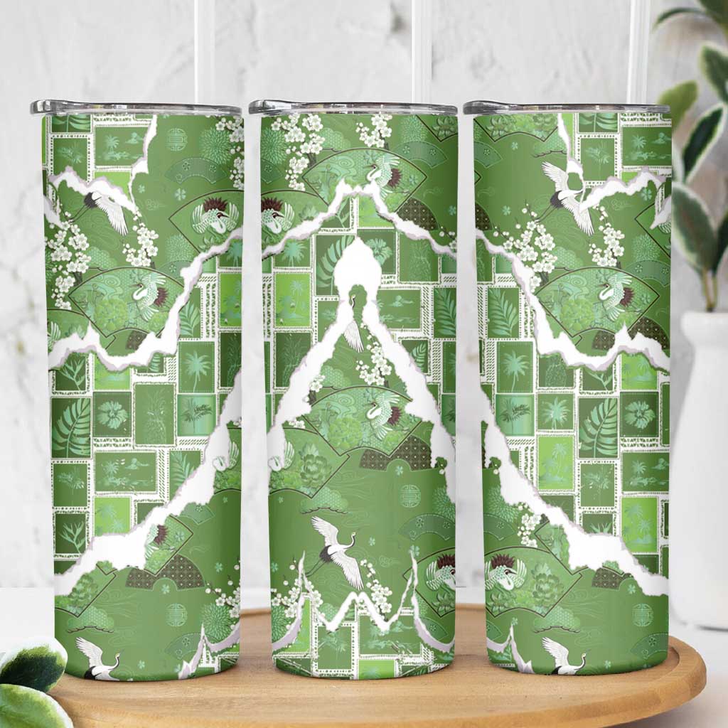 Hawaii Japanese Culture Sage Green Skinny Tumbler Spring Cranes Aloha Pattern
