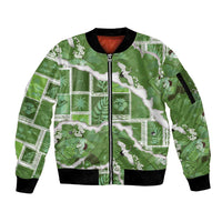 Hawaii Japanese Culture Sage Green Sleeve Zip Bomber Jacket Spring Cranes Aloha Pattern