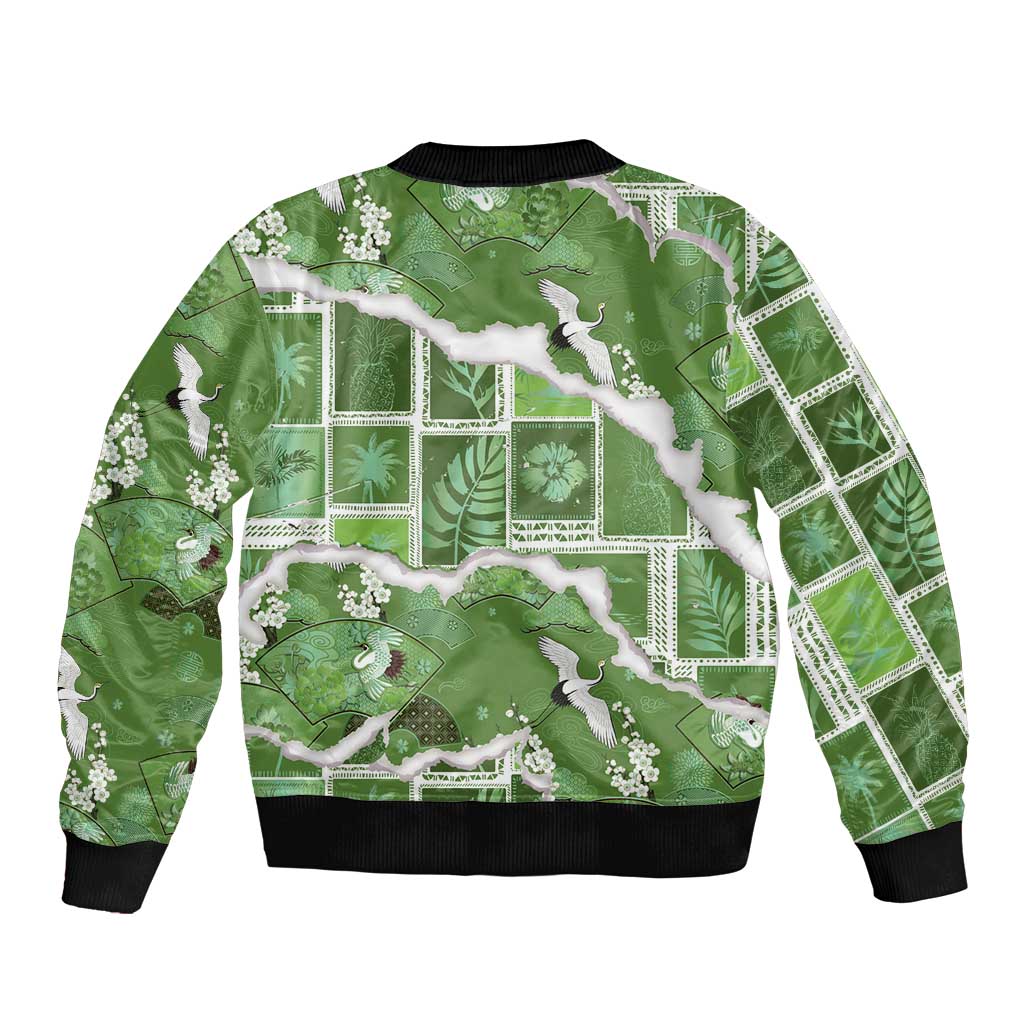 Hawaii Japanese Culture Sage Green Sleeve Zip Bomber Jacket Spring Cranes Aloha Pattern