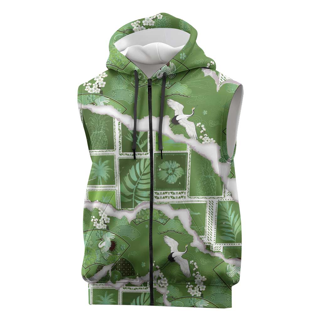 Hawaii Japanese Culture Sage Green Sleeveless Zip Hoodie Spring Cranes Aloha Pattern