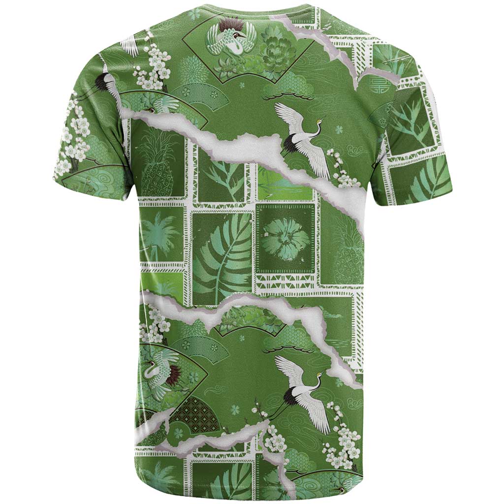 Hawaii Japanese Culture Sage Green T Shirt Spring Cranes Aloha Pattern