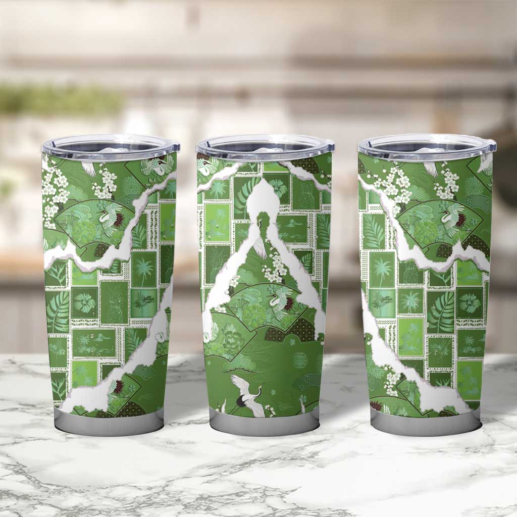 Hawaii Japanese Culture Sage Green Tumbler Cup Spring Cranes Aloha Pattern