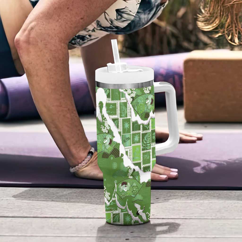 Hawaii Japanese Culture Sage Green Tumbler With Handle Spring Cranes Aloha Pattern