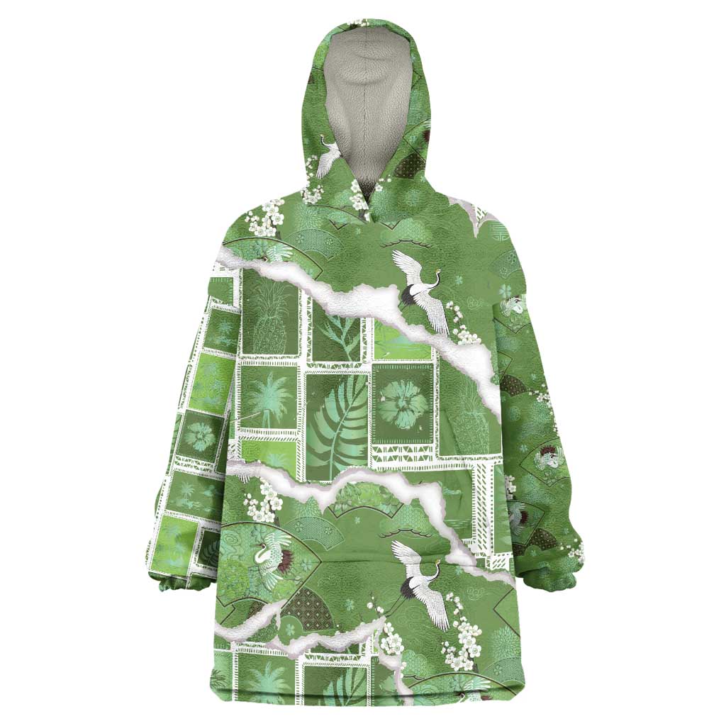 Hawaii Japanese Culture Sage Green Wearable Blanket Hoodie Spring Cranes Aloha Pattern LT01 One Size Sage - Polynesian Pride