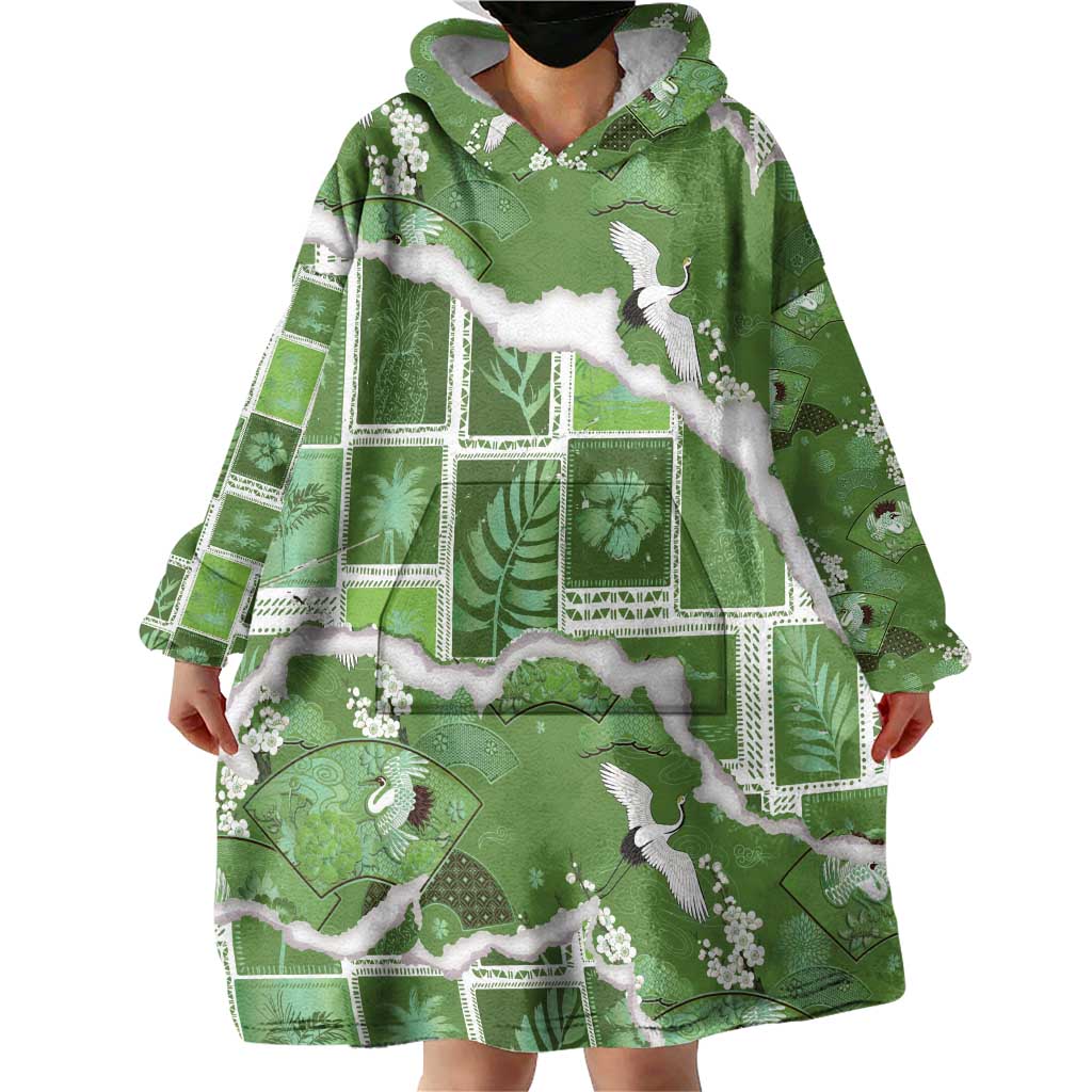 Hawaii Japanese Culture Sage Green Wearable Blanket Hoodie Spring Cranes Aloha Pattern LT01 - Polynesian Pride
