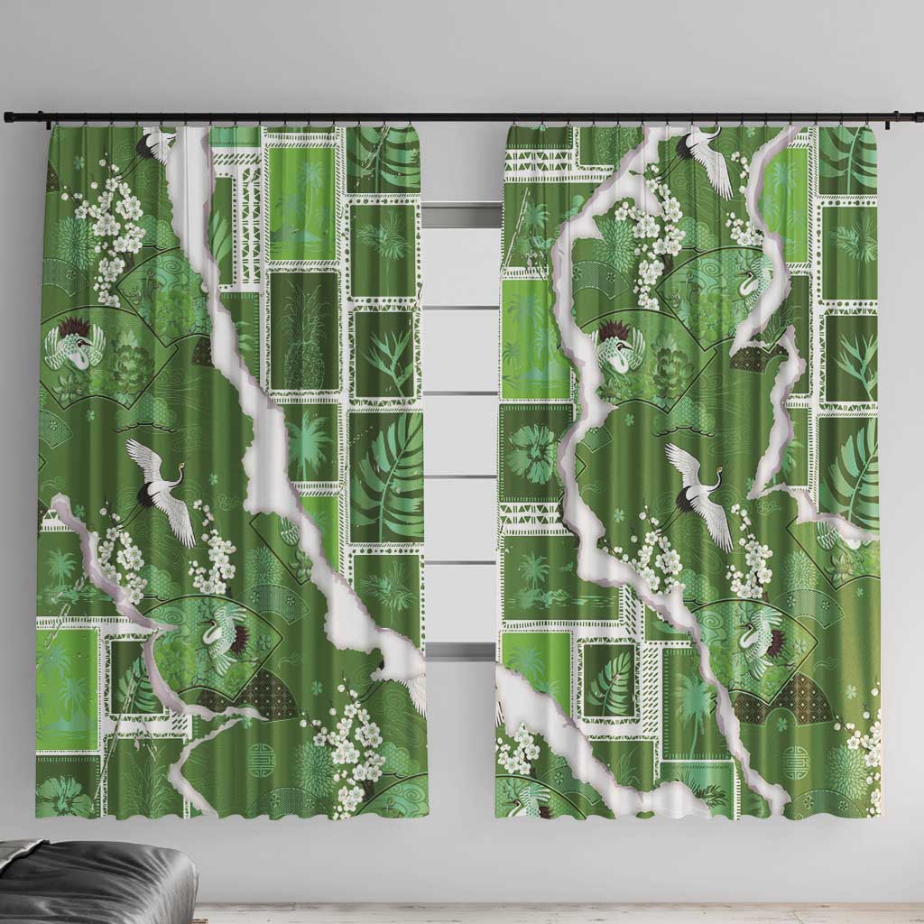 Hawaii Japanese Culture Sage Green Window Curtain Spring Cranes Aloha Pattern