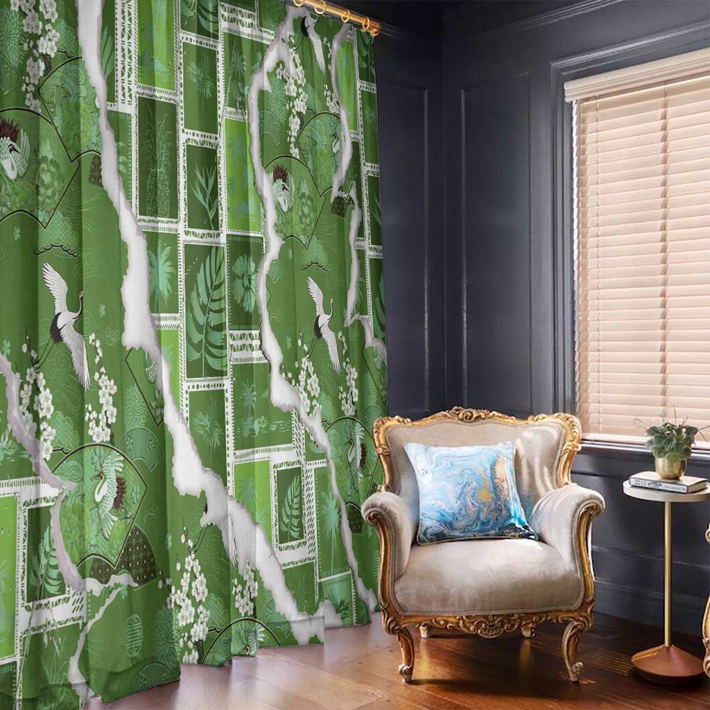 Hawaii Japanese Culture Sage Green Window Curtain Spring Cranes Aloha Pattern