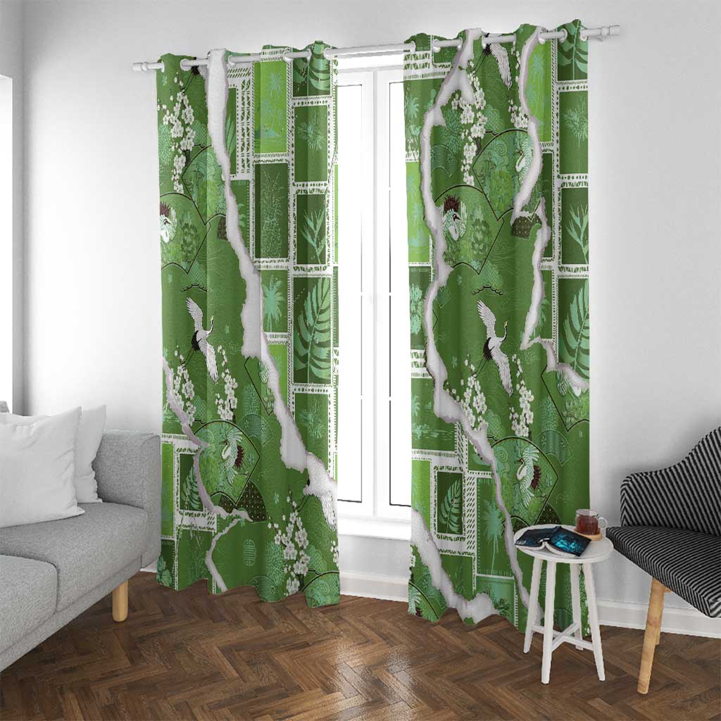 Hawaii Japanese Culture Sage Green Window Curtain Spring Cranes Aloha Pattern