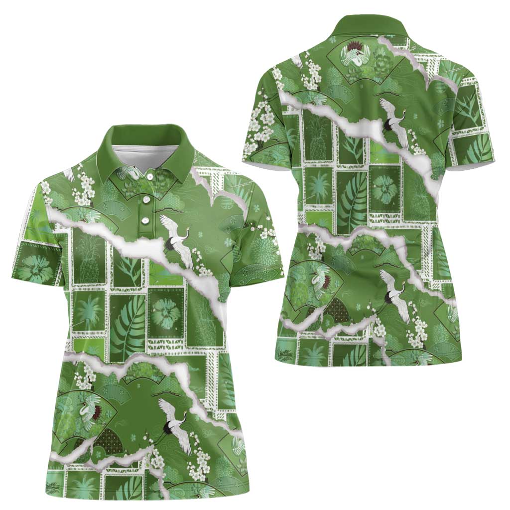 Hawaii Japanese Culture Sage Green Women Polo Shirt Spring Cranes Aloha Pattern