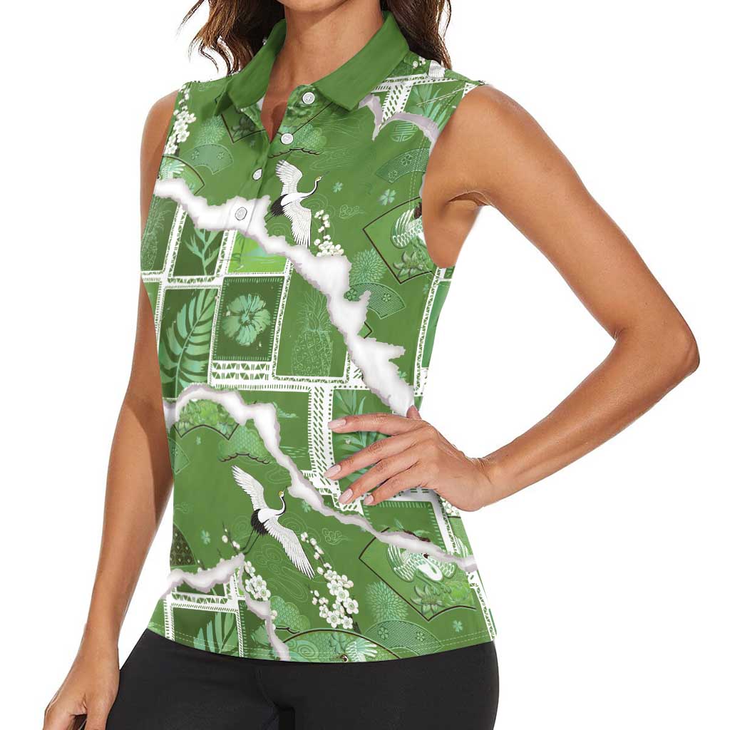 Hawaii Japanese Culture Sage Green Women Sleeveless Polo Shirt Spring Cranes Aloha Pattern
