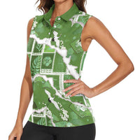 Hawaii Japanese Culture Sage Green Women Sleeveless Polo Shirt Spring Cranes Aloha Pattern