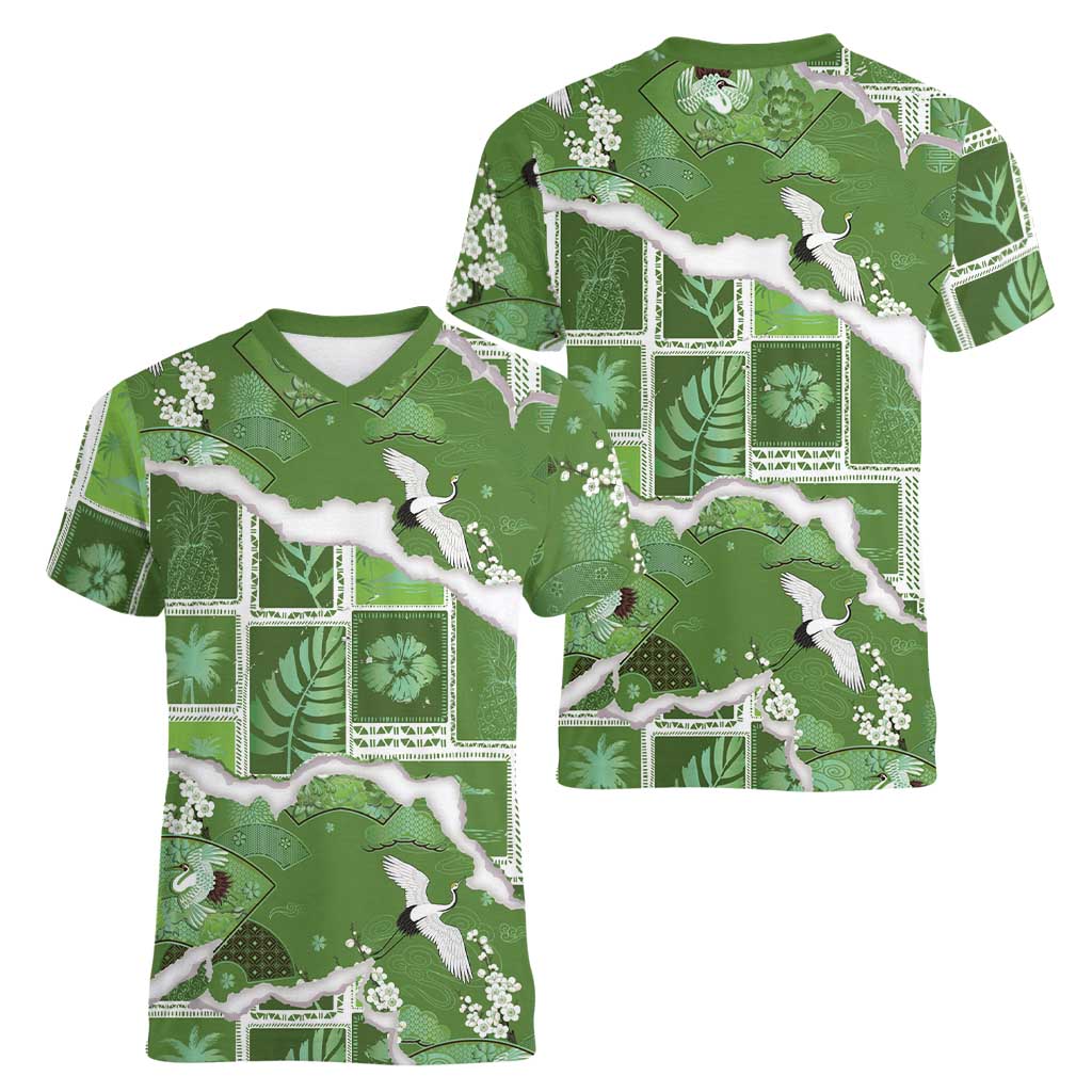 Hawaii Japanese Culture Sage Green Women V-Neck T-Shirt Spring Cranes Aloha Pattern