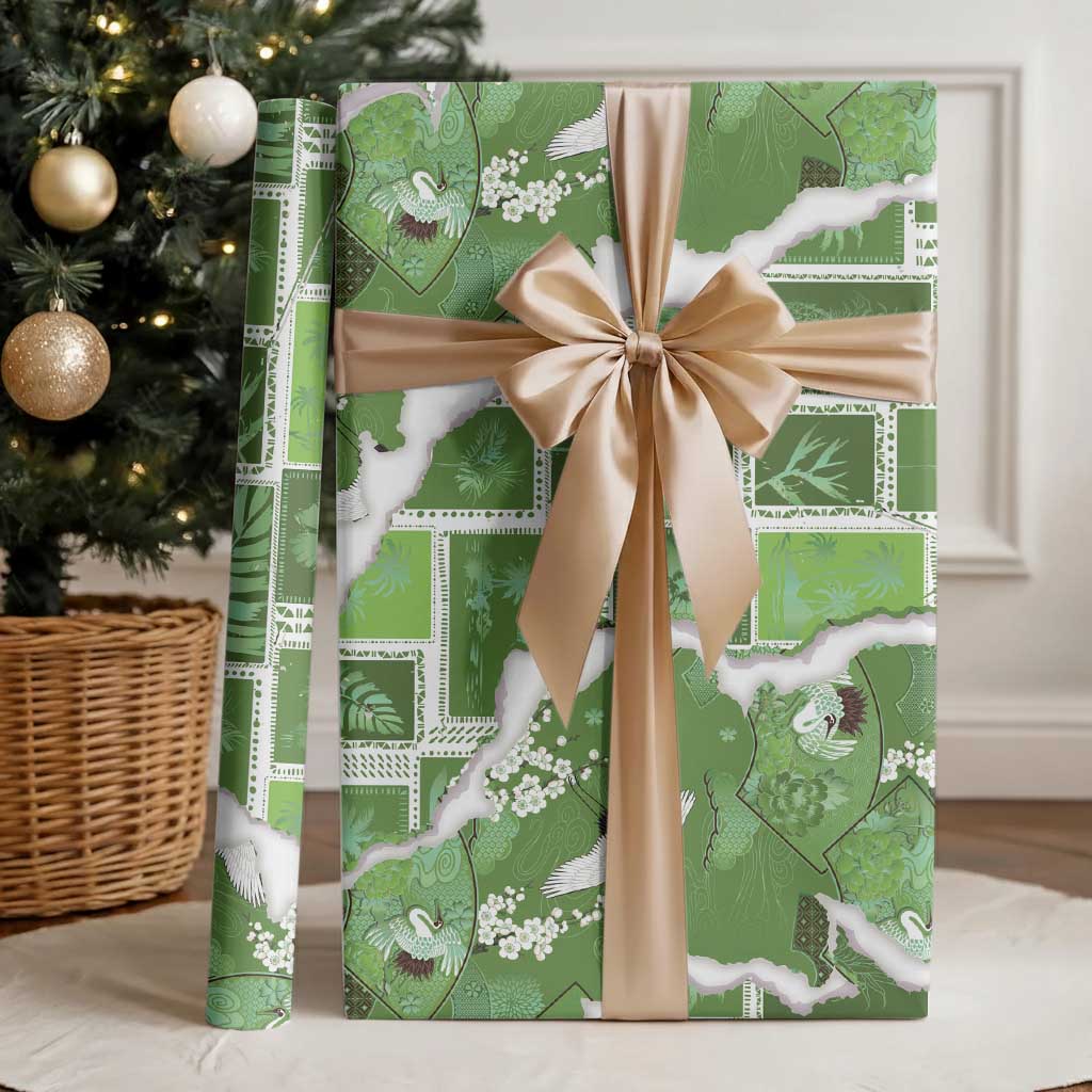 Hawaii Japanese Culture Sage Green Wrapping Paper Spring Cranes Aloha Pattern