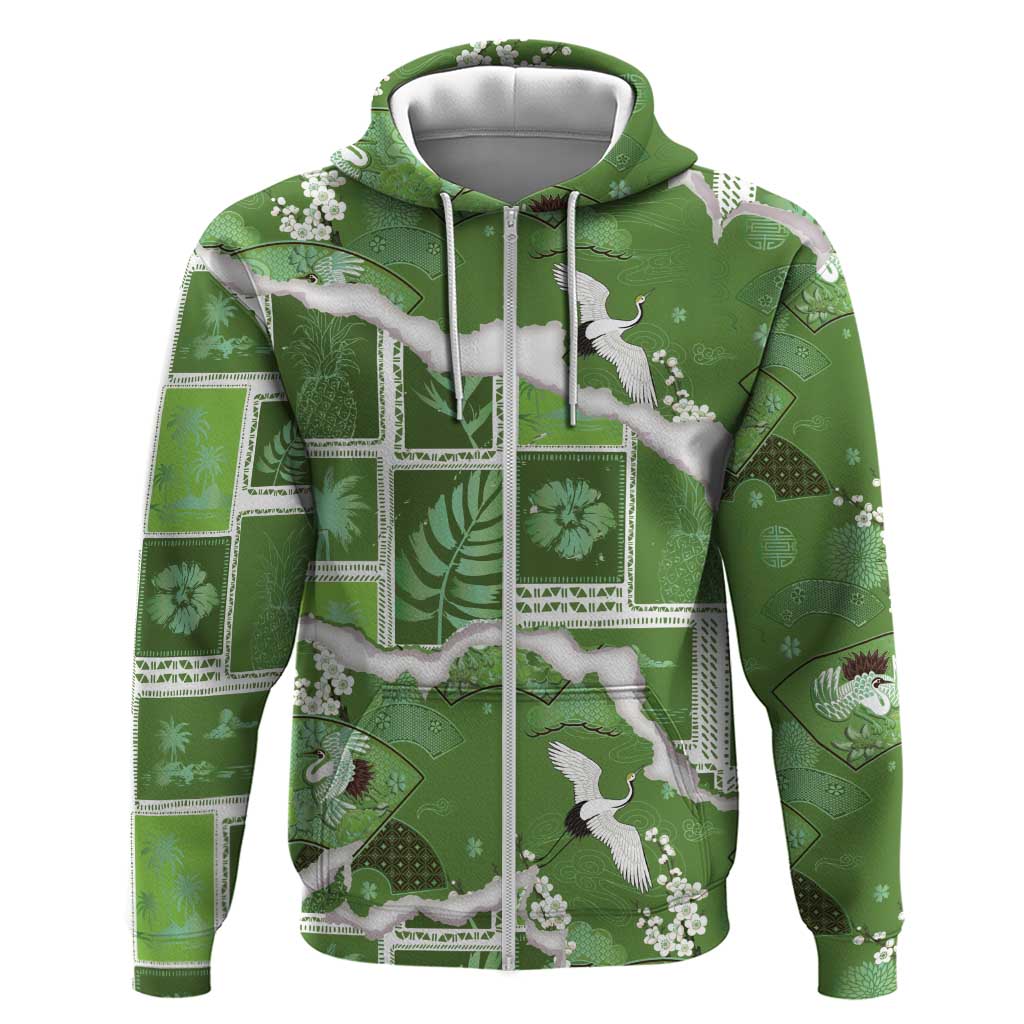Hawaii Japanese Culture Sage Green Zip Hoodie Spring Cranes Aloha Pattern