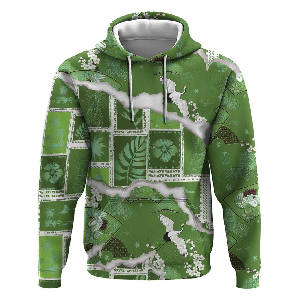 Hawaii Japanese Culture Sage Green Zip Hoodie Spring Cranes Aloha Pattern