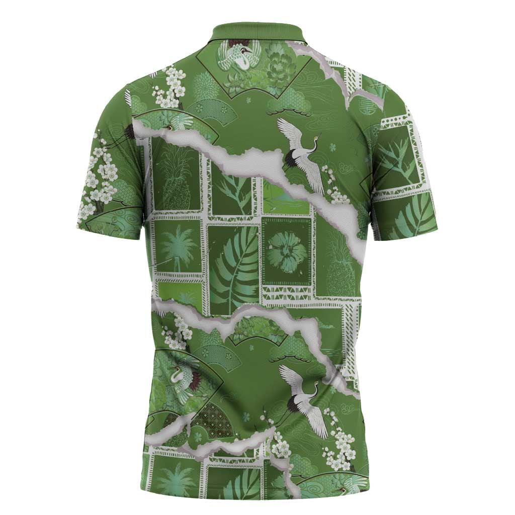 Hawaii Japanese Culture Sage Green Zipper Polo Shirt Spring Cranes Aloha Pattern