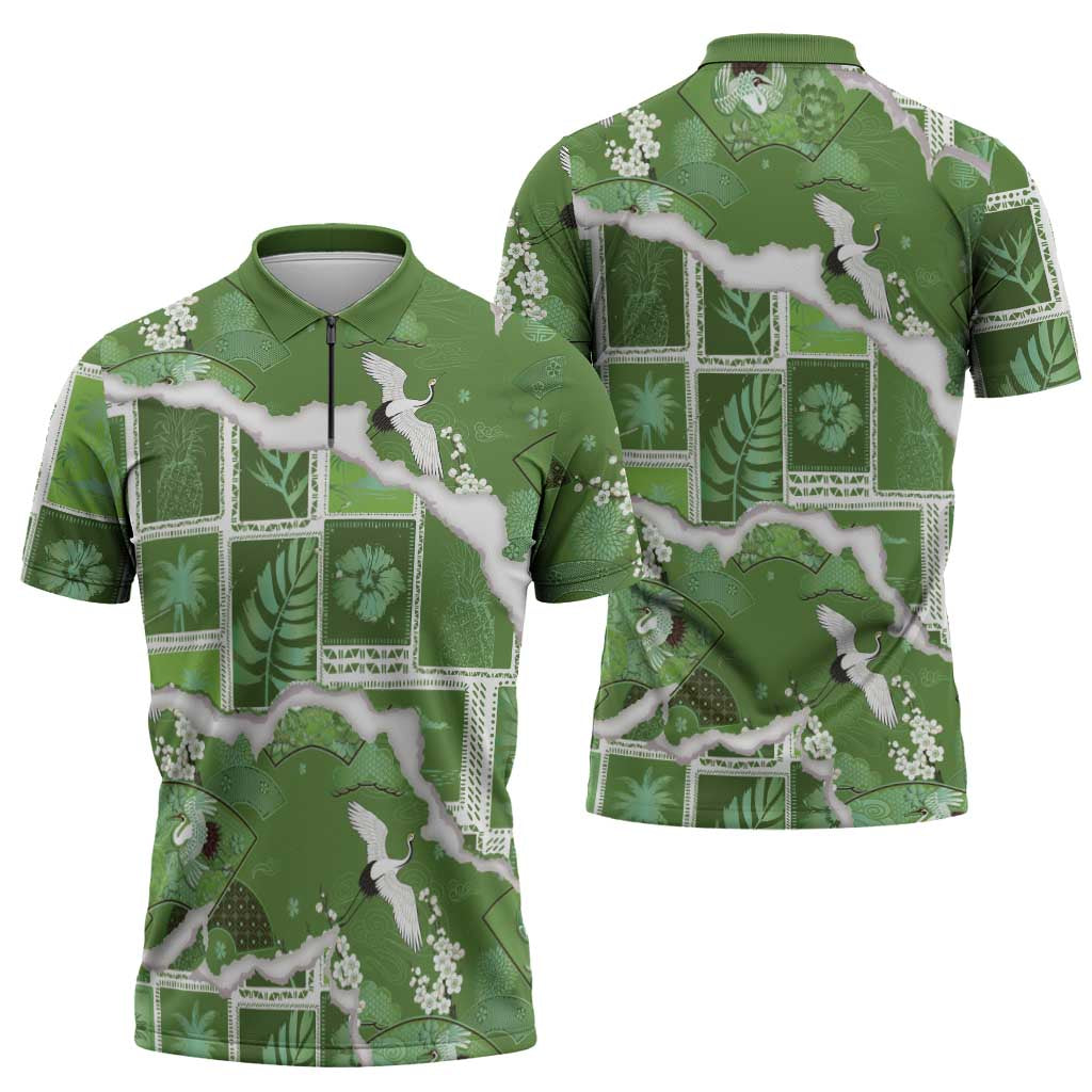 Hawaii Japanese Culture Sage Green Zipper Polo Shirt Spring Cranes Aloha Pattern