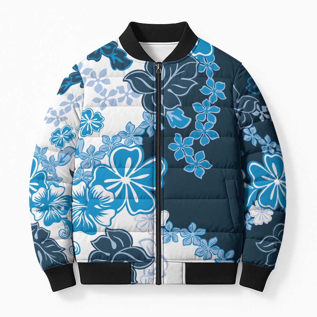 Blue Hibiscus Plumeria Floral Bomber Puffer Jacket - Polynesian Pride