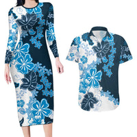 Blue Hibiscus Plumeria Floral Couples Matching Long Sleeve Bodycon Dress and Hawaiian Shirt LT01 Blue - Polynesian Pride