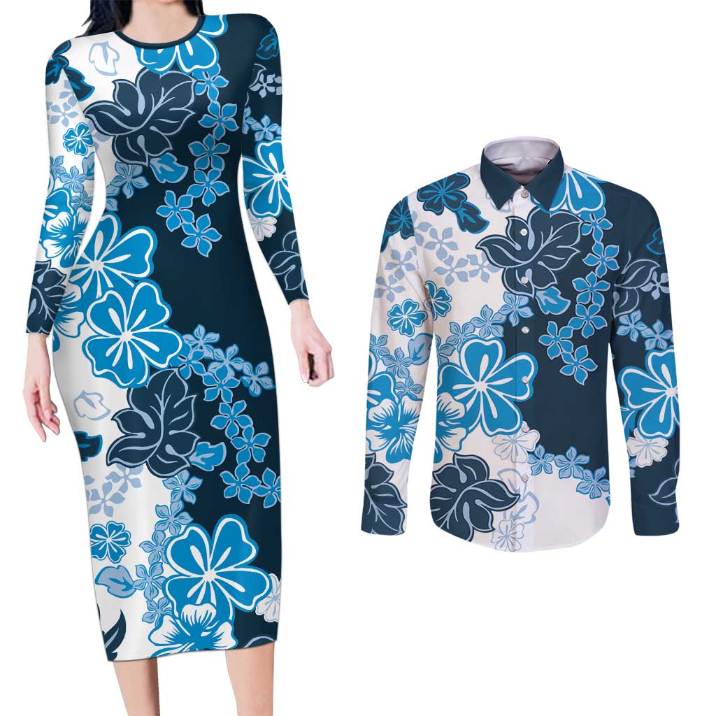 Blue Hibiscus Plumeria Floral Couples Matching Long Sleeve Bodycon Dress and Long Sleeve Button Shirt LT01 Blue - Polynesian Pride