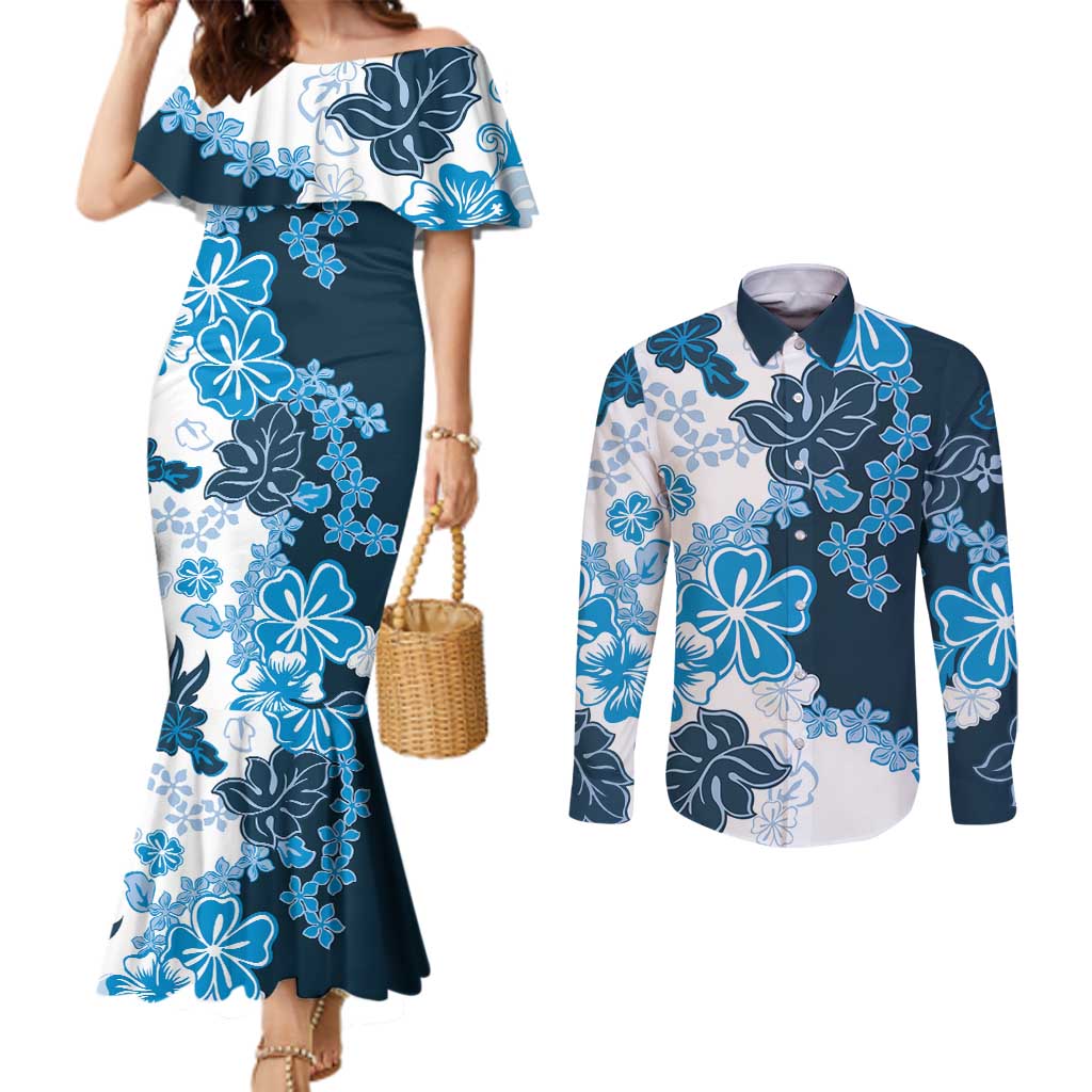 Blue Hibiscus Plumeria Floral Couples Matching Mermaid Dress and Long Sleeve Button Shirt - Polynesian Pride
