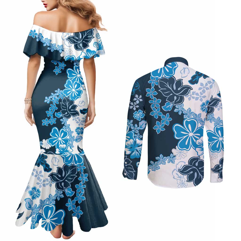 Blue Hibiscus Plumeria Floral Couples Matching Mermaid Dress and Long Sleeve Button Shirt - Polynesian Pride