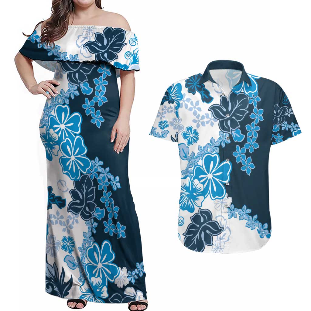 Blue Hibiscus Plumeria Floral Couples Matching Off Shoulder Maxi Dress and Hawaiian Shirt LT01 Blue - Polynesian Pride