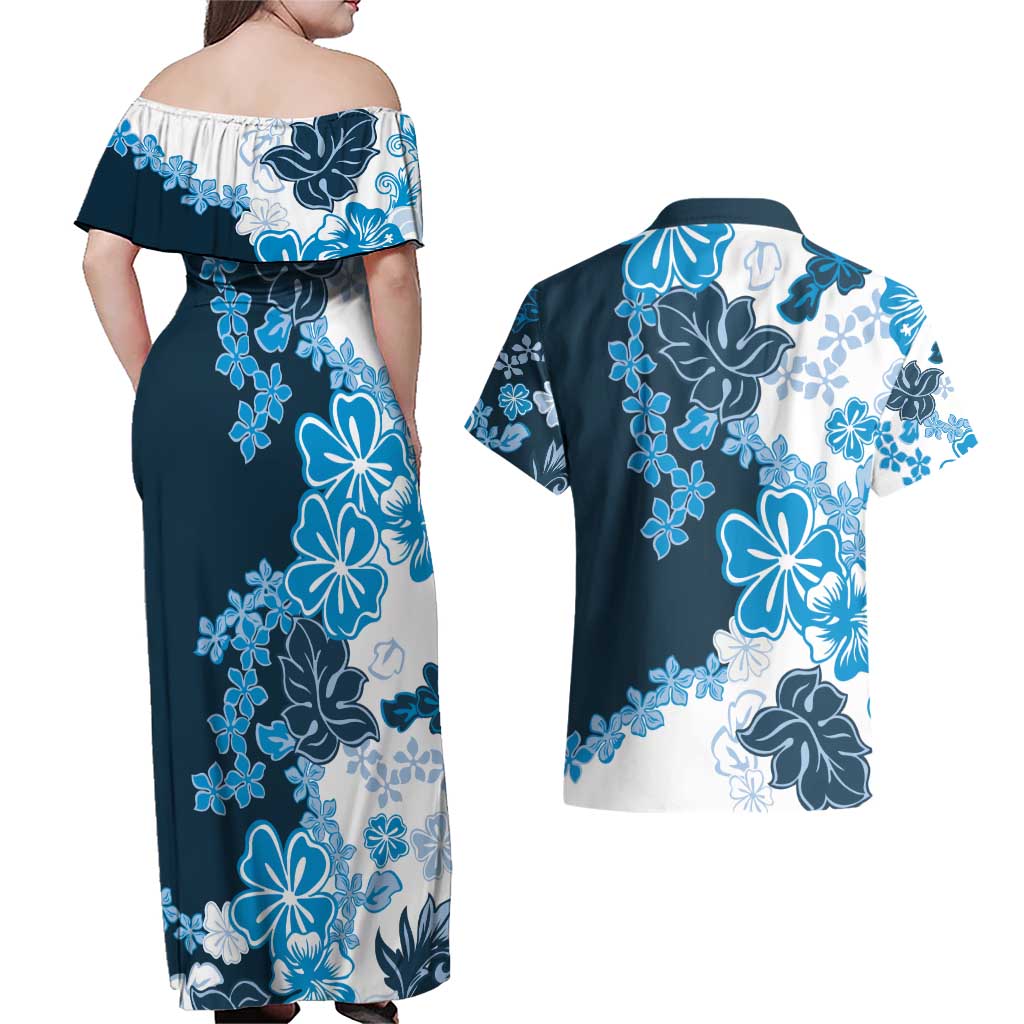 Blue Hibiscus Plumeria Floral Couples Matching Off Shoulder Maxi Dress and Hawaiian Shirt LT01 - Polynesian Pride